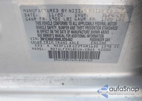 2021 Nissan Versa Sv Xtronic Cvt из США, поврежденный, VIN 3N1CN8EV6ML826462